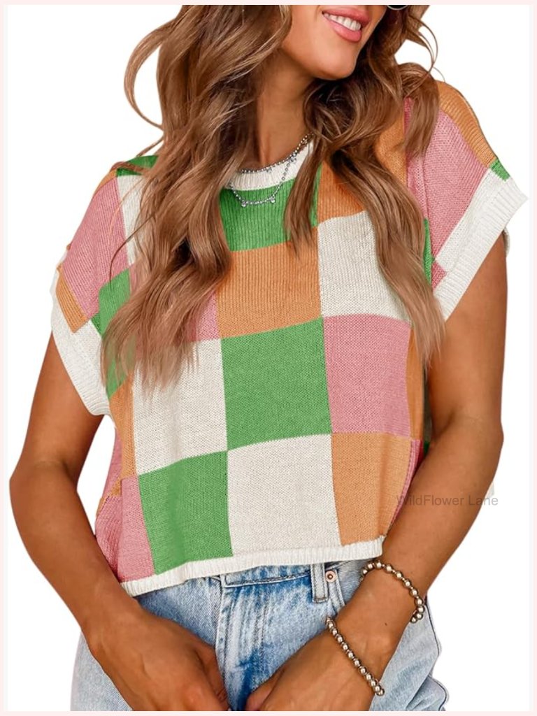 Cap Sleeve Color Block Crop Top Crew Neck Knit Summer Sweater